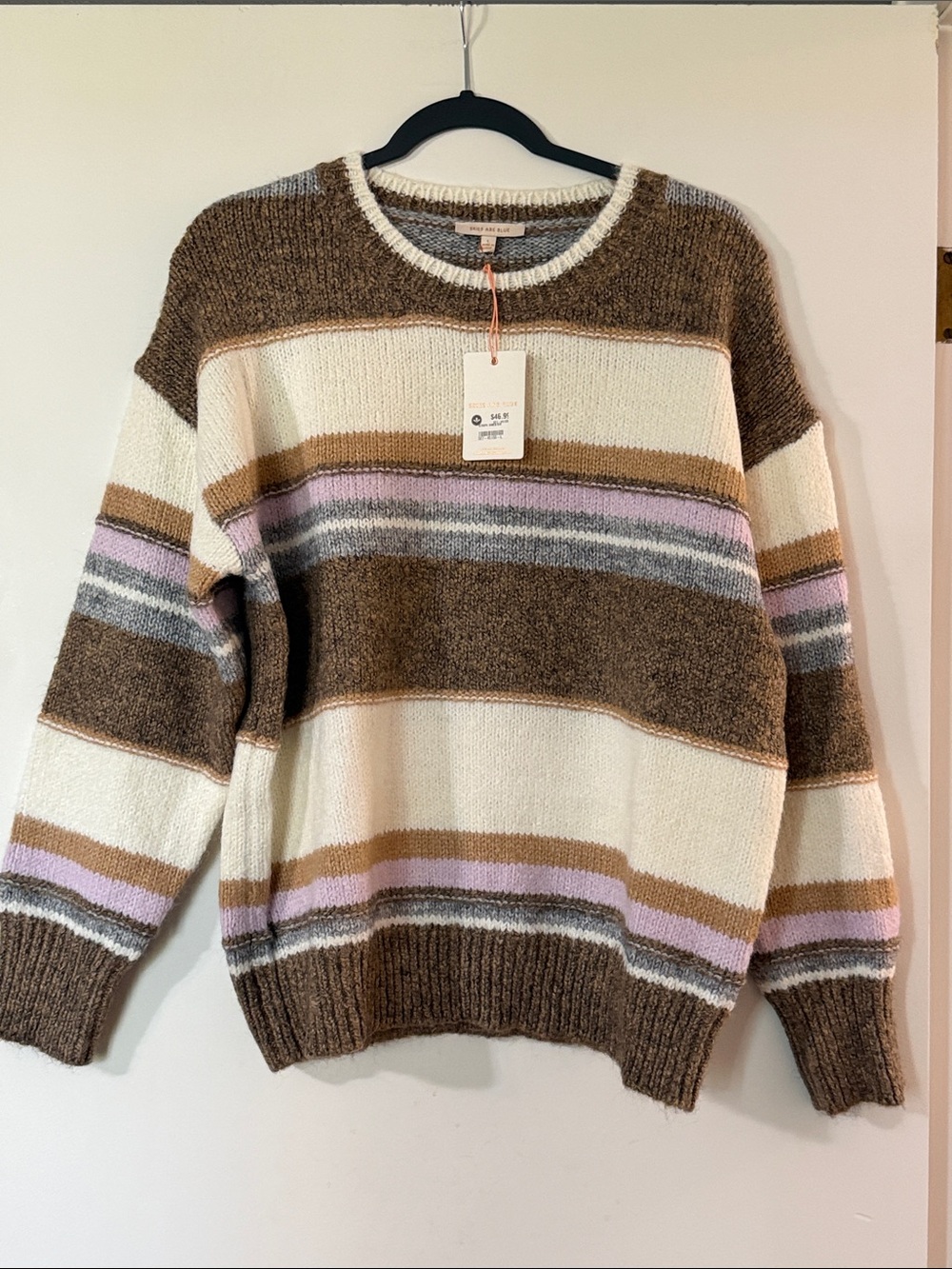 Skies Are Blue Striped Crewneck Sweater in Brown, Cream & Lilac
